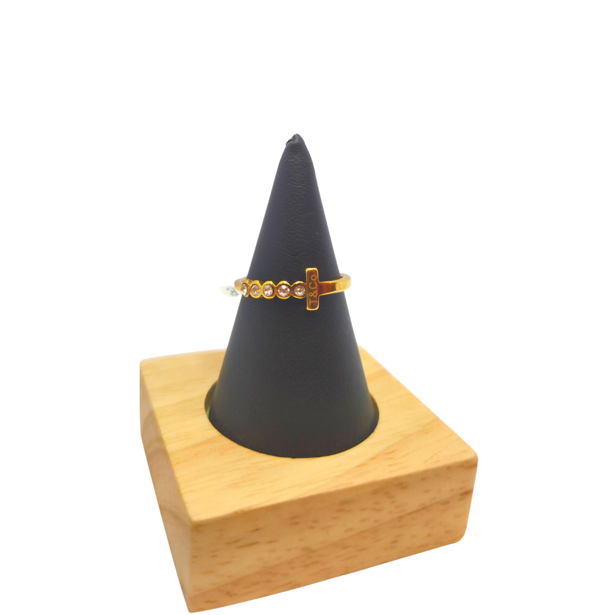 Bague au design moderne avec détails brillants et lettre « T » - 100 % acier plaqué or 18 carats