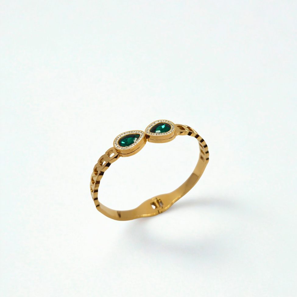 Bracelet rigide avec deux cristaux verts et zircones - 100 % acier plaqué or 18 carats