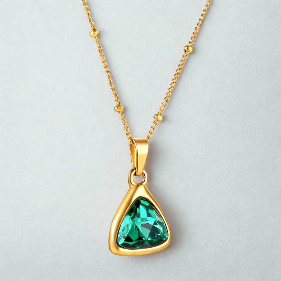 Collier triangle avec cristal émeraude - Acier inoxydable plaqué or