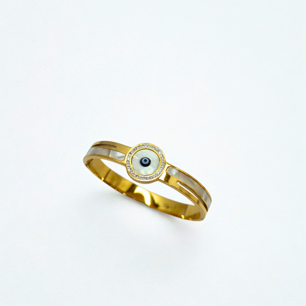 Bracelet rigide avec mauvais œil et nacre - 100 % acier plaqué or 18 carats