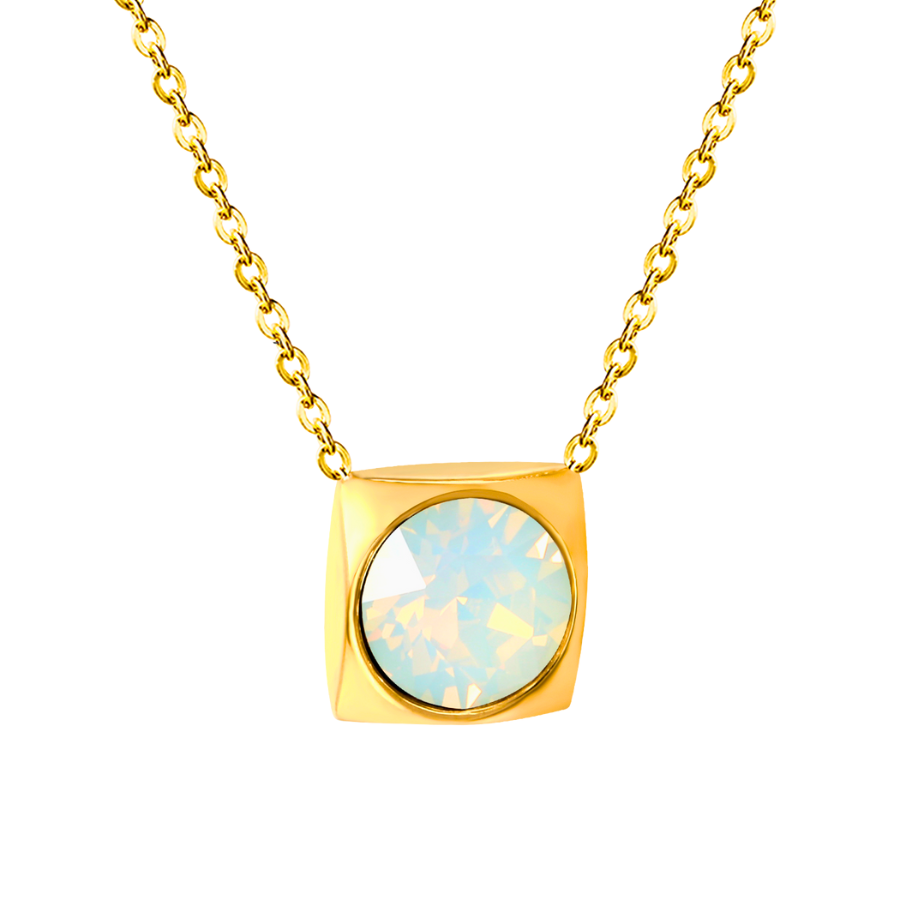Collier Cube avec Cristal Opale Carré - 100 % Acier Plaqué Or 18 Carats