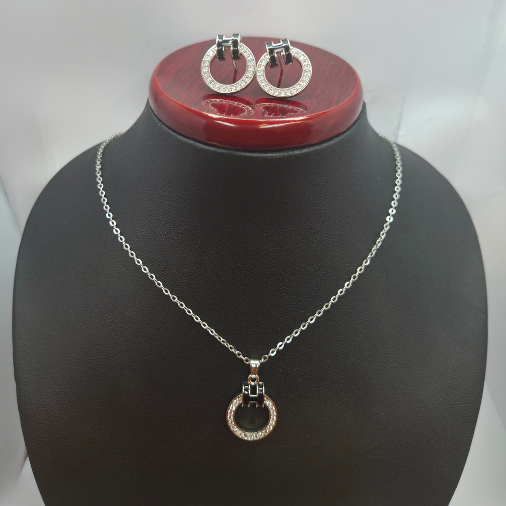 Necklace and Ring Earrings Set with Zirconia - 100% Rhodium Plated Steel