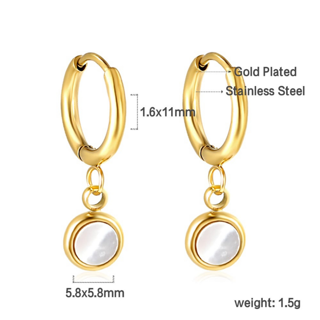 Boucles d'oreilles créoles en or avec pendentif rond en nacre - Acier inoxydable plaqué or 18 carats