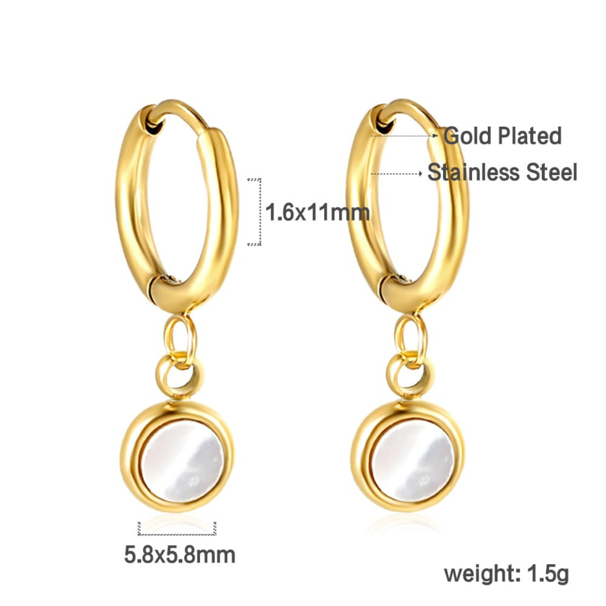 Boucles d'oreilles créoles en or avec pendentif rond en nacre - Acier inoxydable plaqué or 18 carats