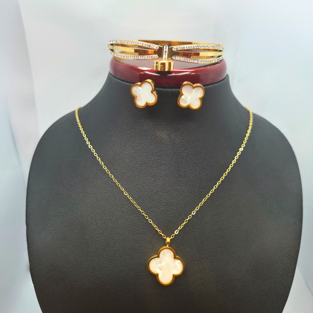 Mother-of-Pearl Clover and Rigid Bracelet Set with Zirconia (Necklace, Earrings and Bracelet) - 100% 18K Gold Plated Steel 