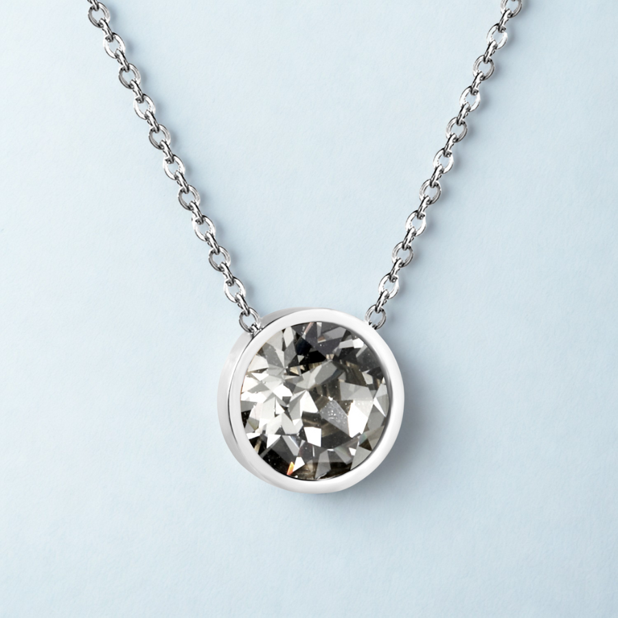 Collier solitaire avec cristal rond - 100 % acier plaqué argent