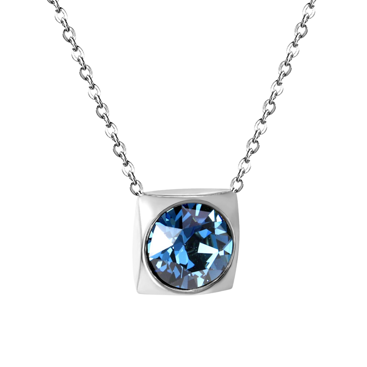 Collier avec pendentif carré et cristal facetté bleu et violet - Acier inoxydable rhodié