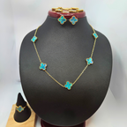 Conjunto Completo de Tréboles Esmaltados Turquesa Jaspeado (Collar, Pendientes, Pulsera y Anillo) - 100% Acero Bañado en Oro 18K