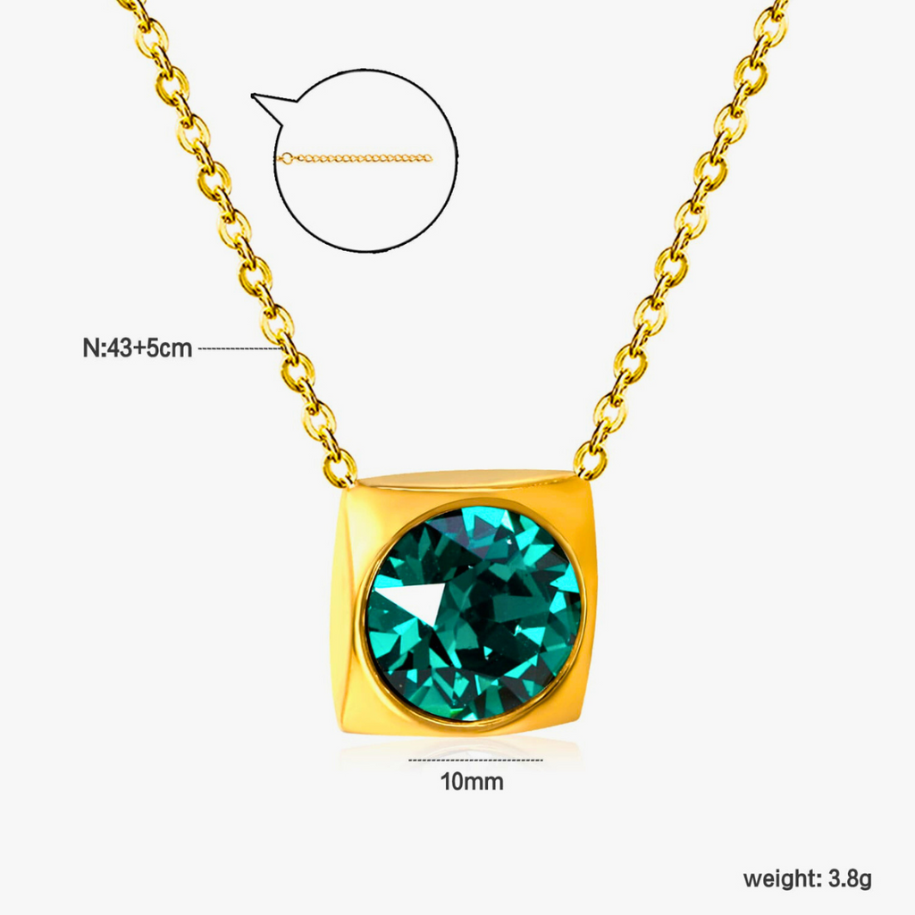 Collier pendentif carré avec cristal turquoise à facettes - 100 % acier plaqué or 18 carats