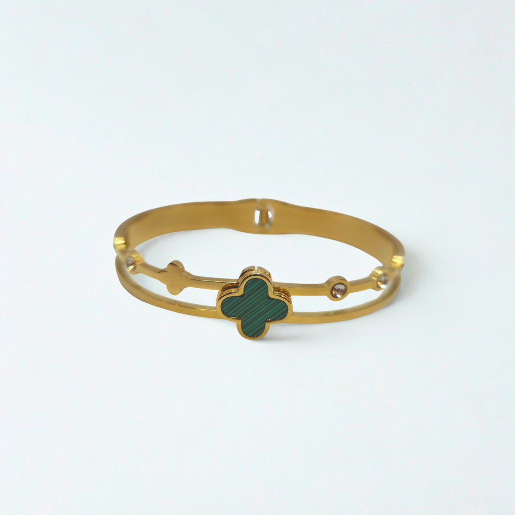 Bracelet rigide double bande avec trèfle émaillé turquoise et zircone - 100 % acier plaqué or 18 carats