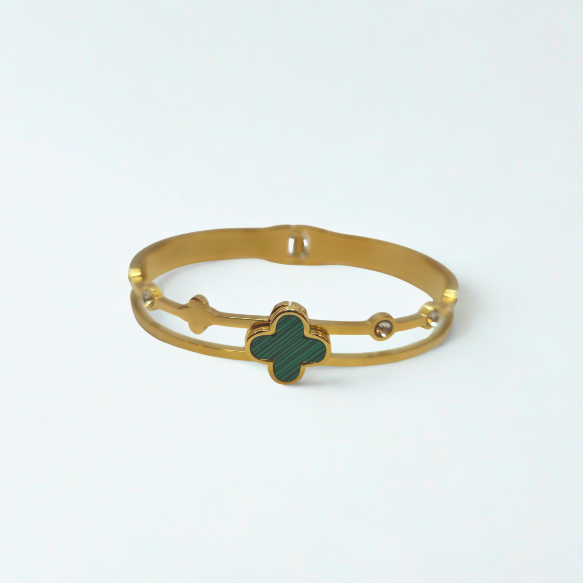 Bracelet rigide double bande avec trèfle émaillé turquoise et zircone - 100 % acier plaqué or 18 carats