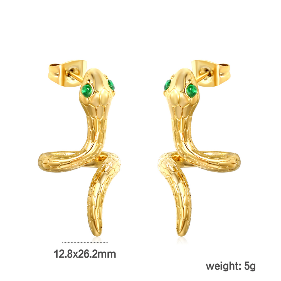 Boucles d'oreilles serpent doré aux yeux verts - Acier inoxydable plaqué or
