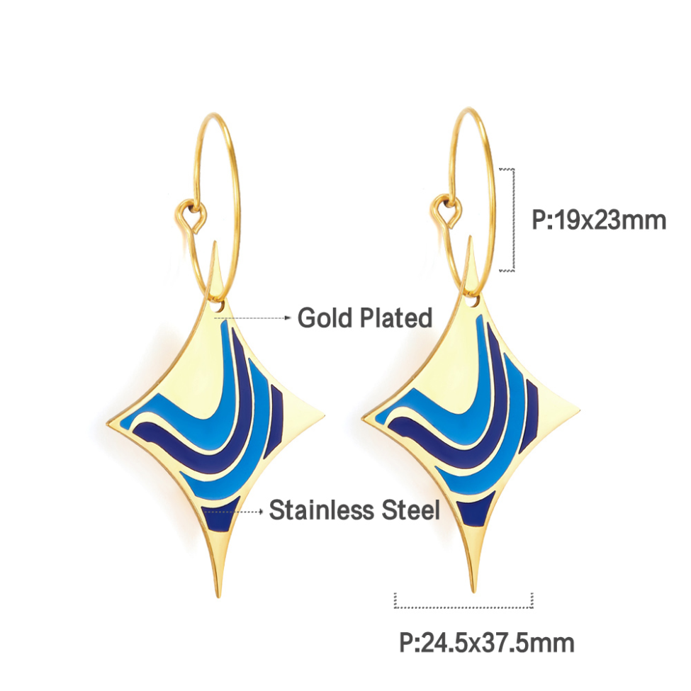 Boucles d'oreilles créoles avec pendentif losange émaillé bleu - Acier inoxydable plaqué or 18 carats