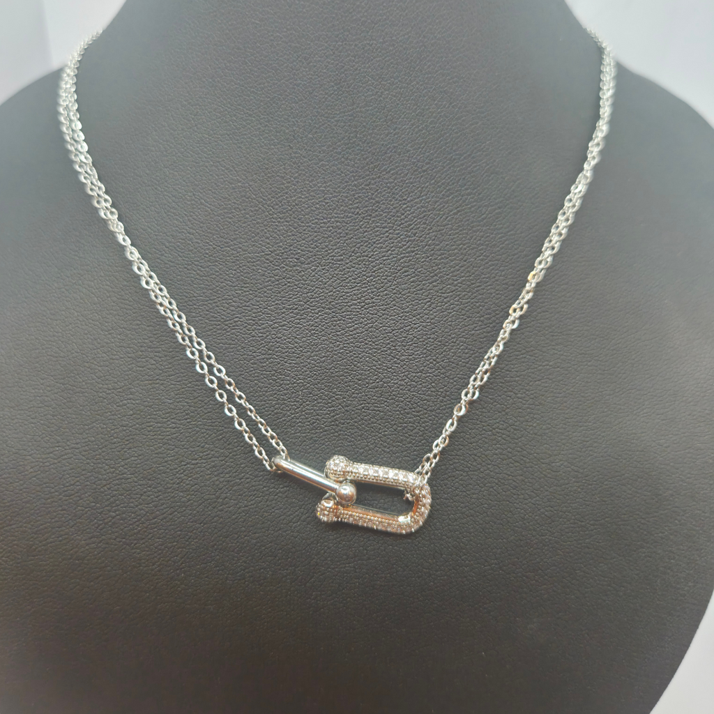 Conjunto de Eslabones Engastados con Circonitas (Collar, Pulsera y Pendientes) - 100% Acero Bañado en Rodio