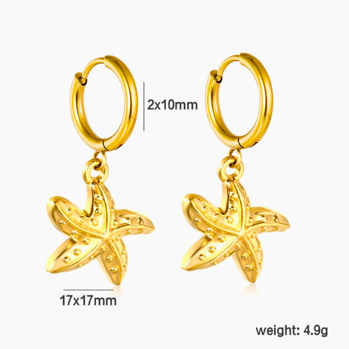Pendientes de Aro Dorados con Colgante de Estrella de Mar - 100% Acero Bañado en Oro 18K