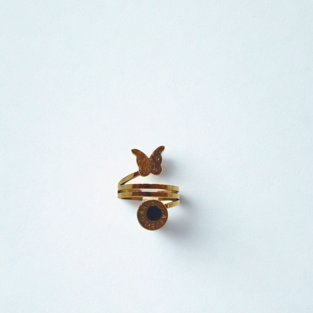 Triple Design Ring with Engraved Butterfly and Circle - 100% 18K Gold Plated Steel