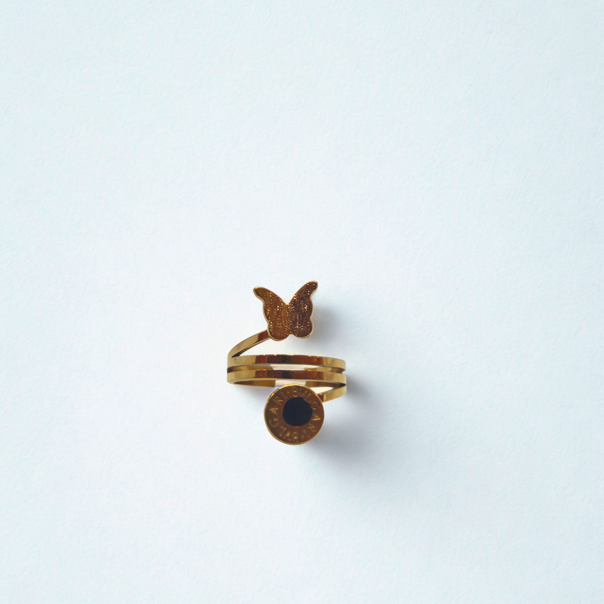 Triple Design Ring with Engraved Butterfly and Circle - 100% 18K Gold Plated Steel