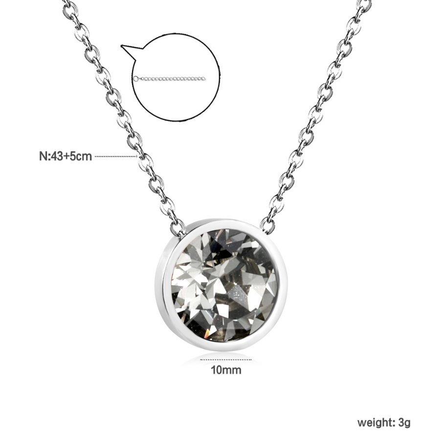 Collier solitaire avec cristal rond - 100 % acier plaqué argent