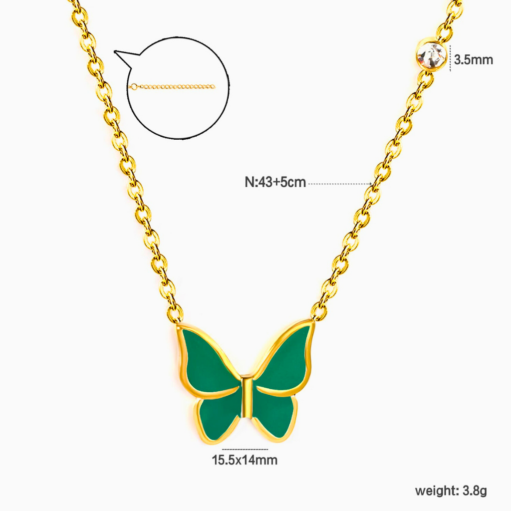 Collier pendentif papillon émaillé vert avec zircone - 100 % acier plaqué or 18 carats