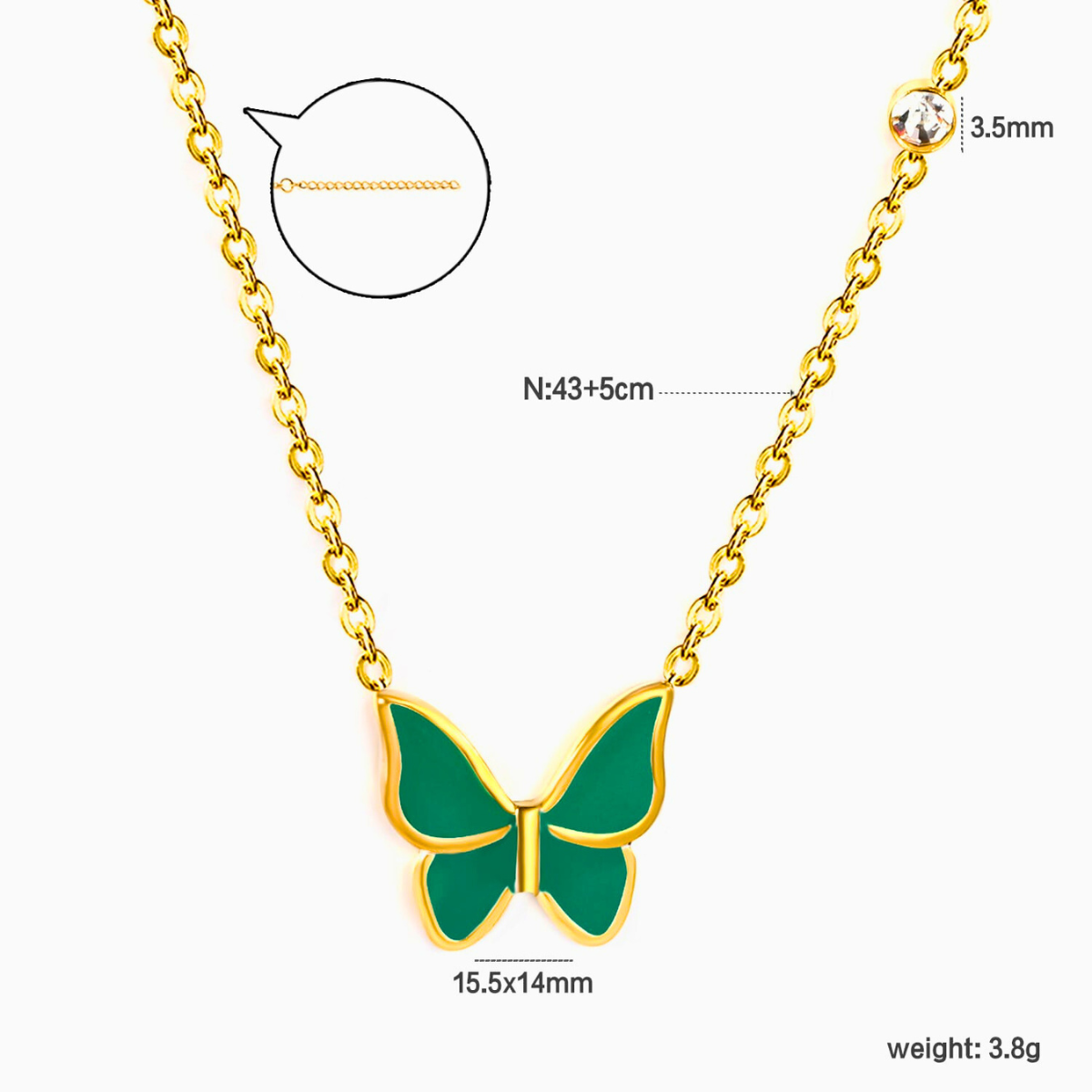 Collier pendentif papillon émaillé vert avec zircone - 100 % acier plaqué or 18 carats