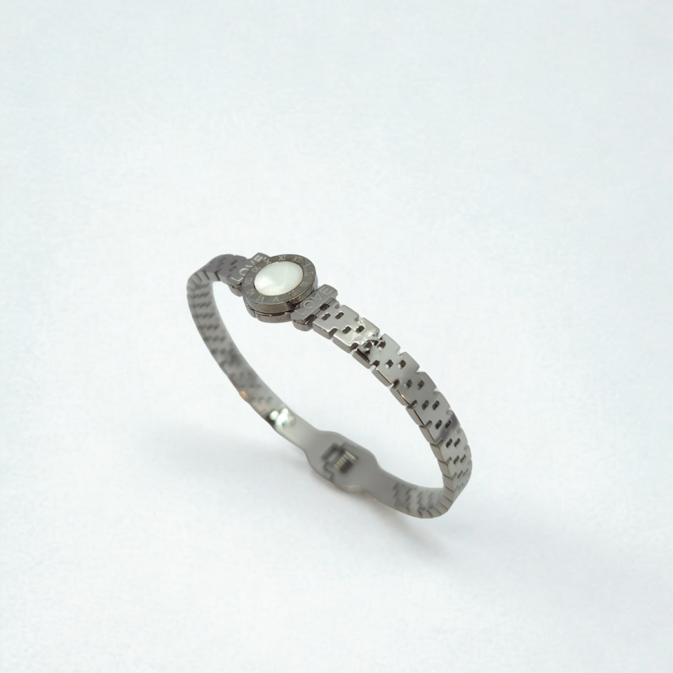 Bracelet rigide avec nacre centrale et motif texturé - 100 % acier rhodié noir