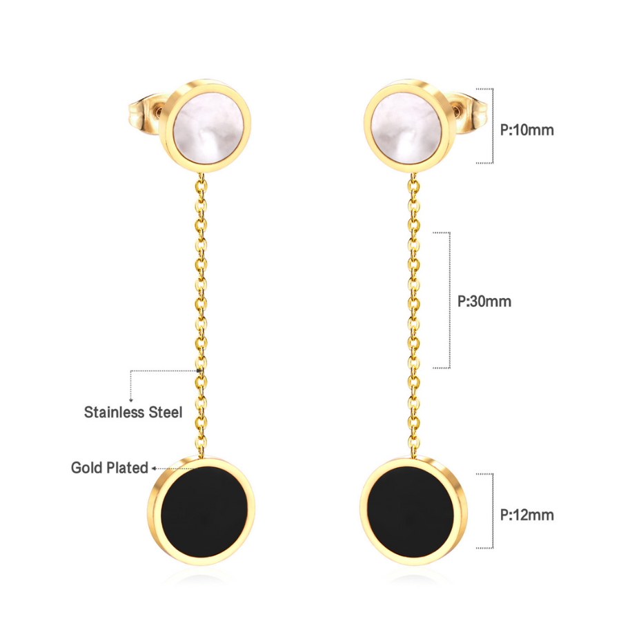 Pendientes Colgantes Círculos con Nácar y Esmalte Negro - Acero Inoxidable Bañado en Oro