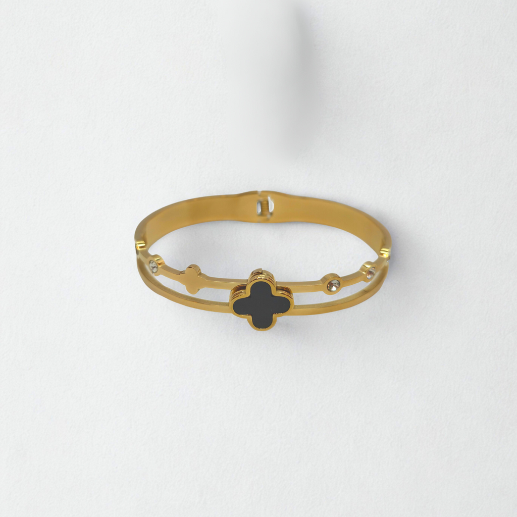 Bracelet rigide double bande avec trèfle émaillé noir et zircone - 100 % acier plaqué or 18 carats 
