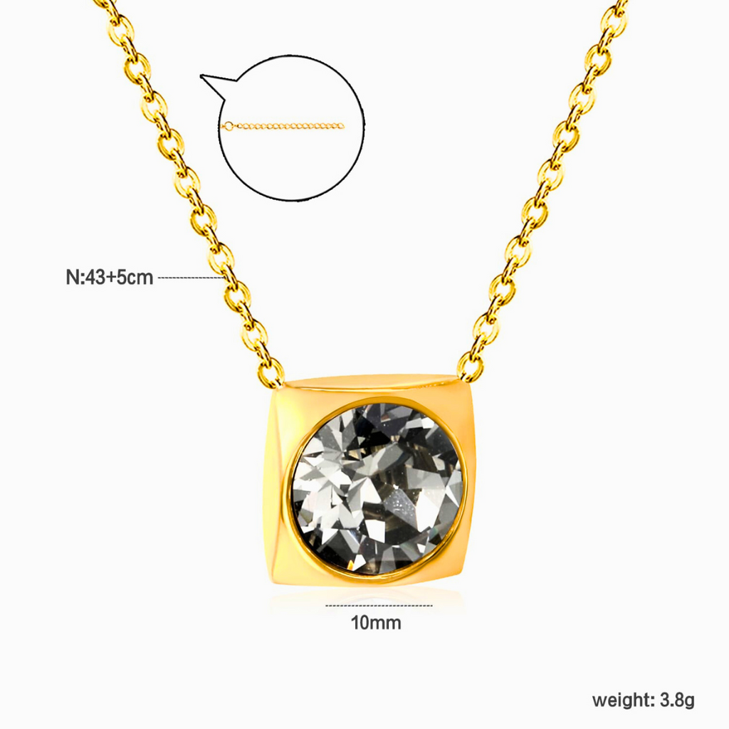 Collier pendentif carré en cristal à facettes gris fumé - 100 % acier plaqué or 18 carats