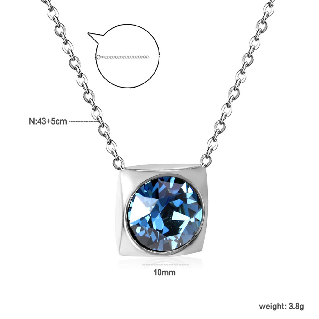 Collier avec pendentif carré et cristal facetté bleu et violet - Acier inoxydable rhodié