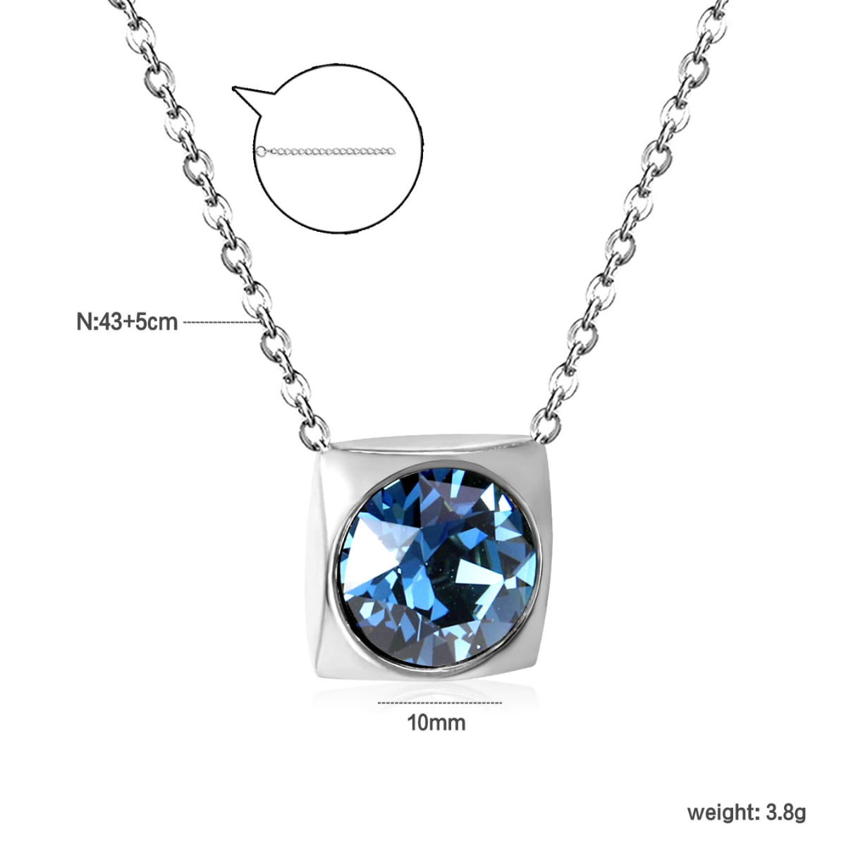Collier avec pendentif carré et cristal facetté bleu et violet - Acier inoxydable rhodié