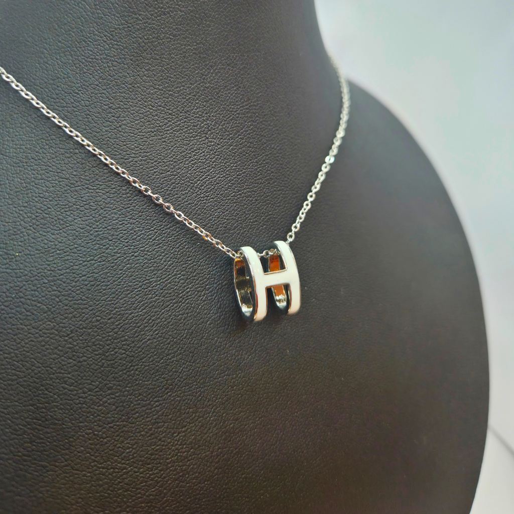 Necklace and Earrings Set with Letter 'H' - 100% Rhodium Plated Steel