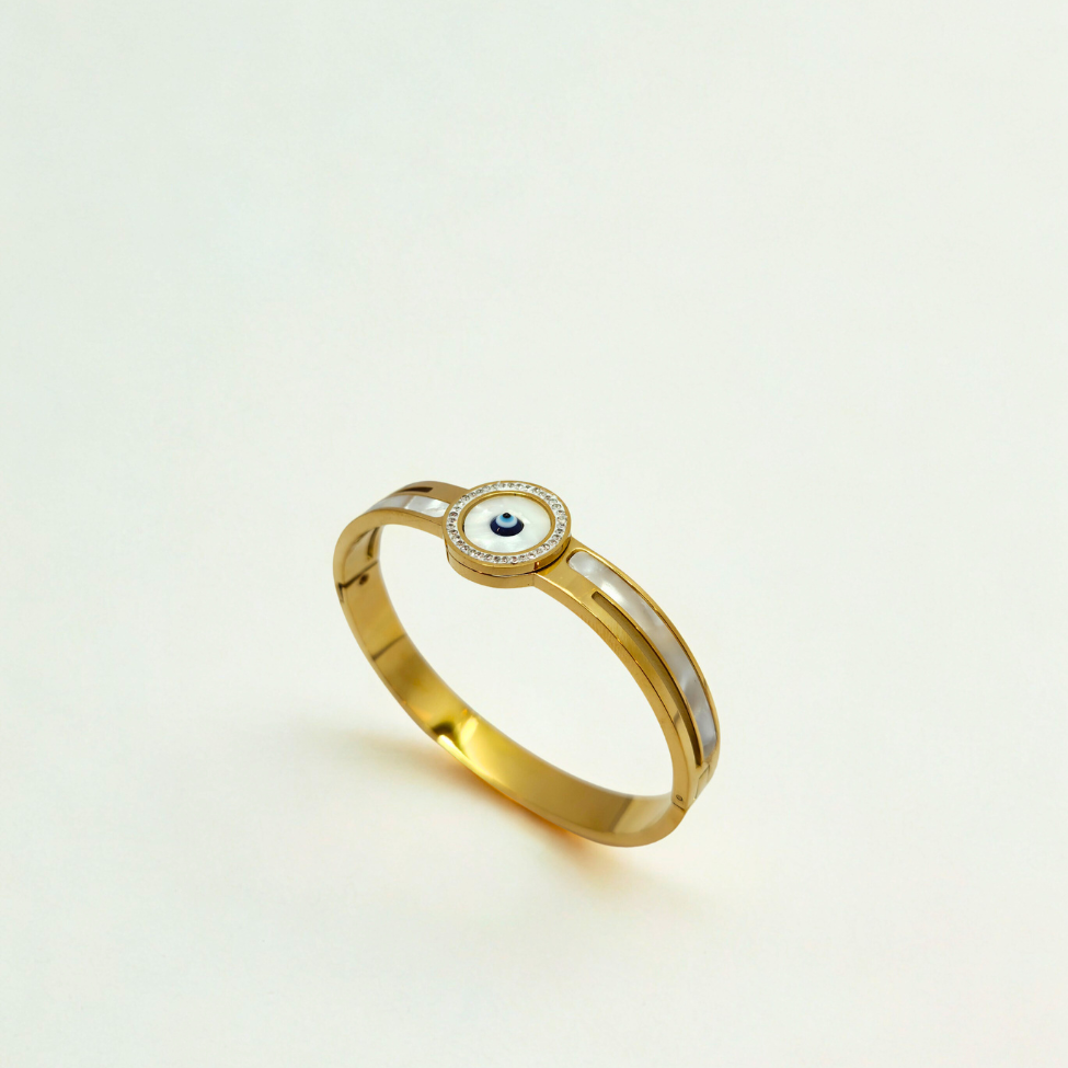 Pulsera Rígida con Ojo Turco y Nácar - 100% Acero Bañado en Oro 18K