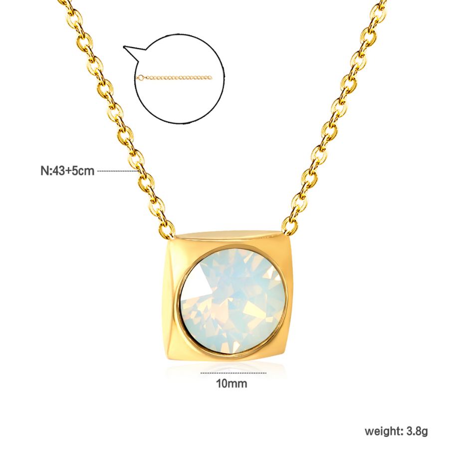 Collier Cube avec Cristal Opale Carré - 100 % Acier Plaqué Or 18 Carats