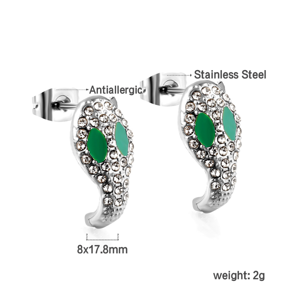 Boucles d'oreilles serpent aux yeux verts et zircone - Acier inoxydable antiallergique