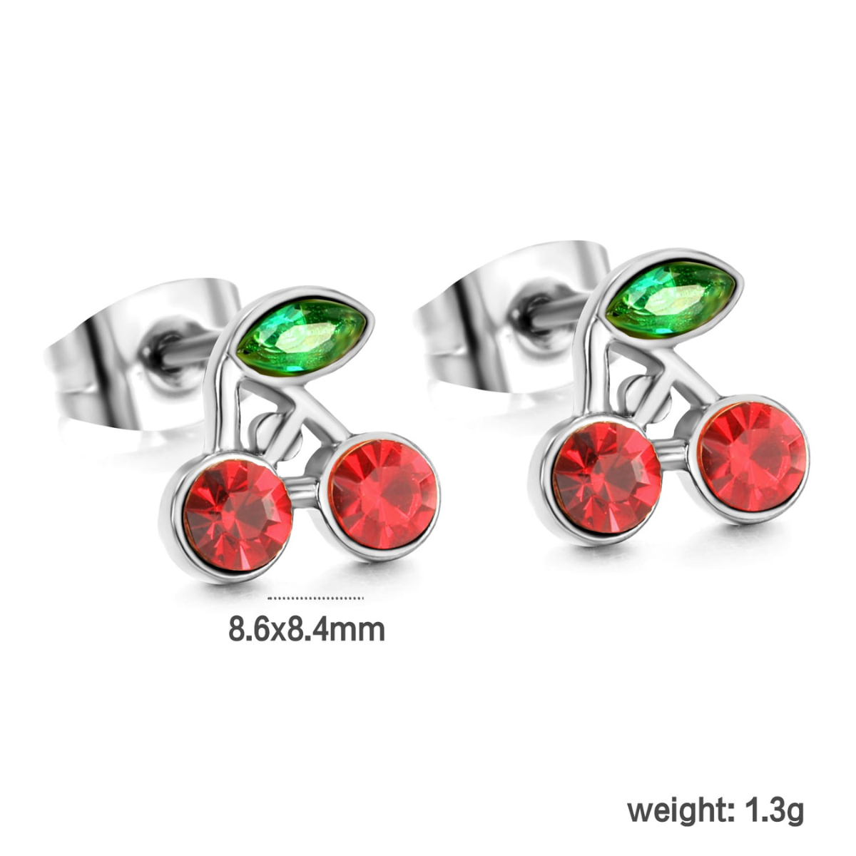 Pendientes de Botón Cerezas con Cristales Rojos y Verdes - Acero Inoxidable Quirúrgico