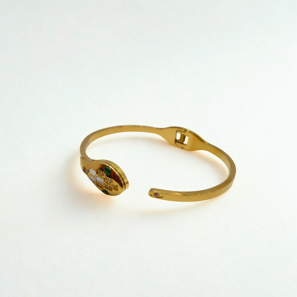 Pulsera Rígida Diseño Serpiente con Esmaltes de Colores y Circonitas - 100% Acero Bañado en Oro 18K