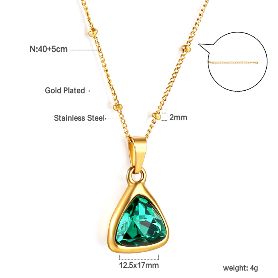 Collier triangle avec cristal émeraude - Acier inoxydable plaqué or