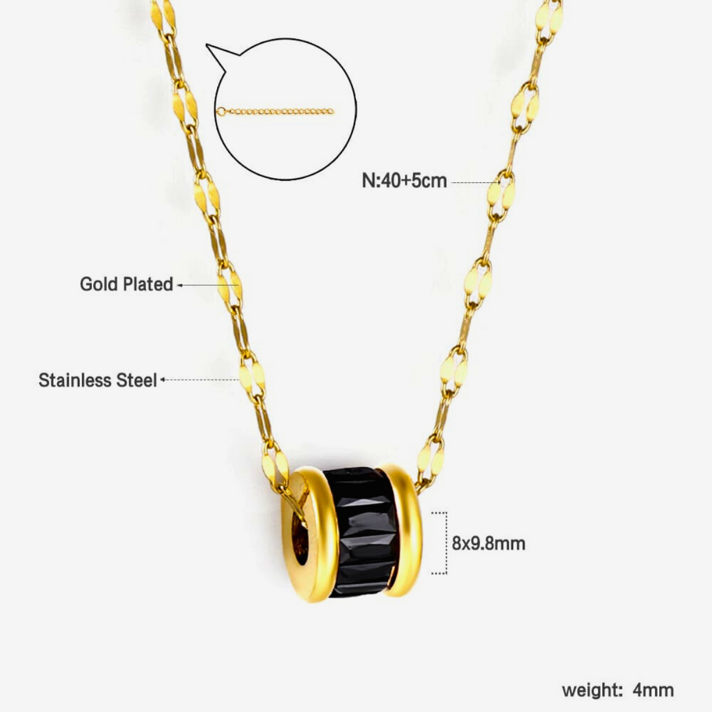 Collier pendentif cylindrique en émail noir avec chaîne à maillons plats - 100 % acier plaqué or 18 carats