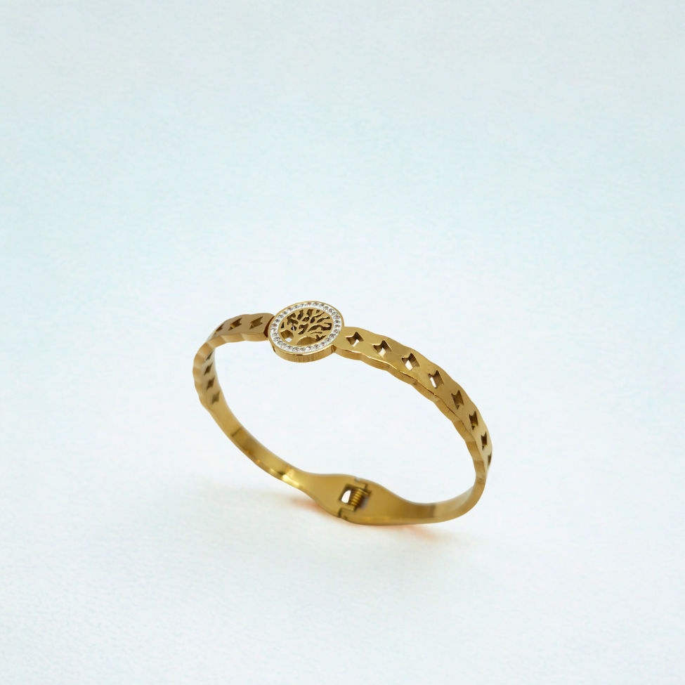 Bracelet rigide avec arbre de vie et zircone - 100 % acier plaqué or 18 carats