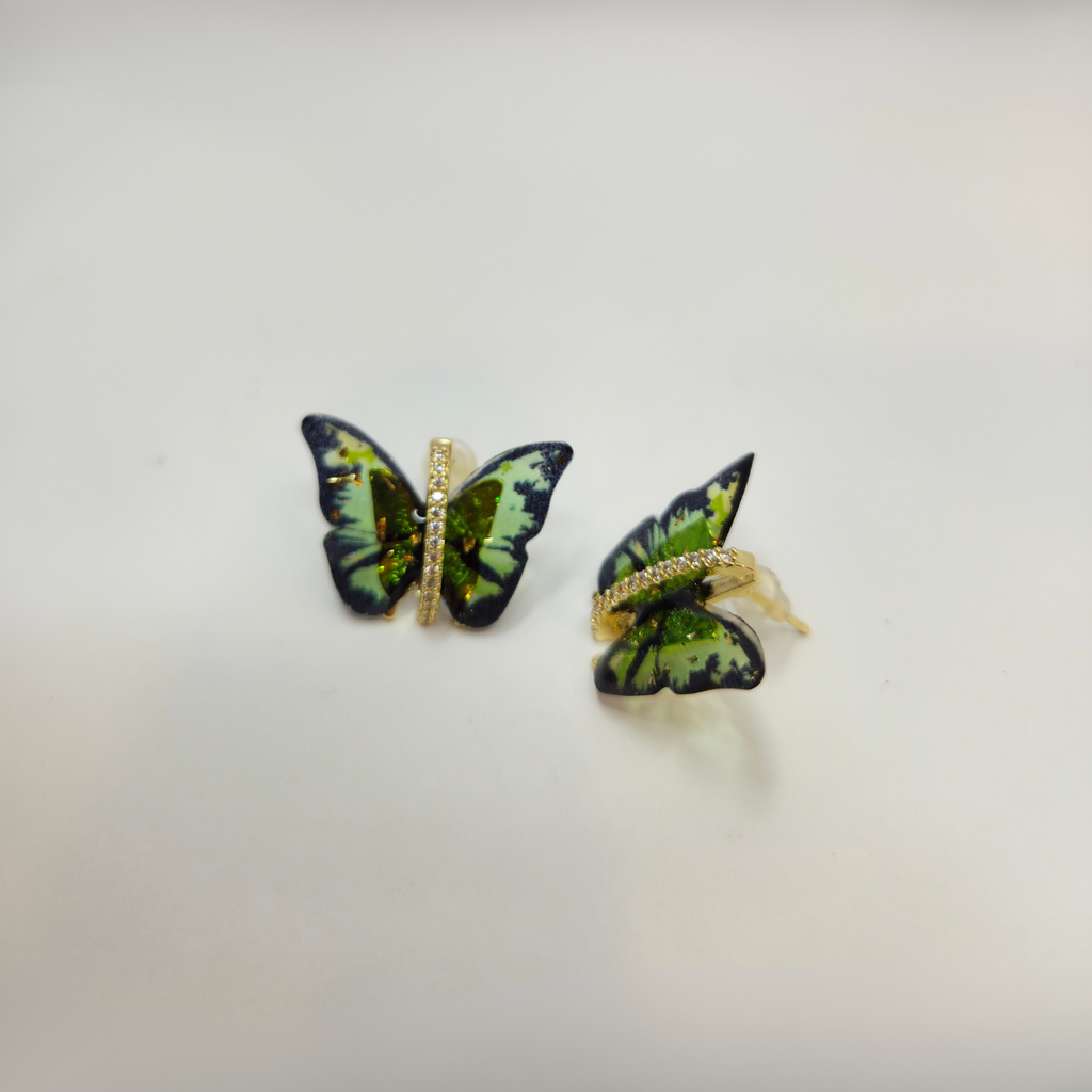 Conjunto Collar y Pendientes de Mariposa con Alas Esmaltadas Verdes y Circonitas - 100% Acero Bañado en Oro 18K