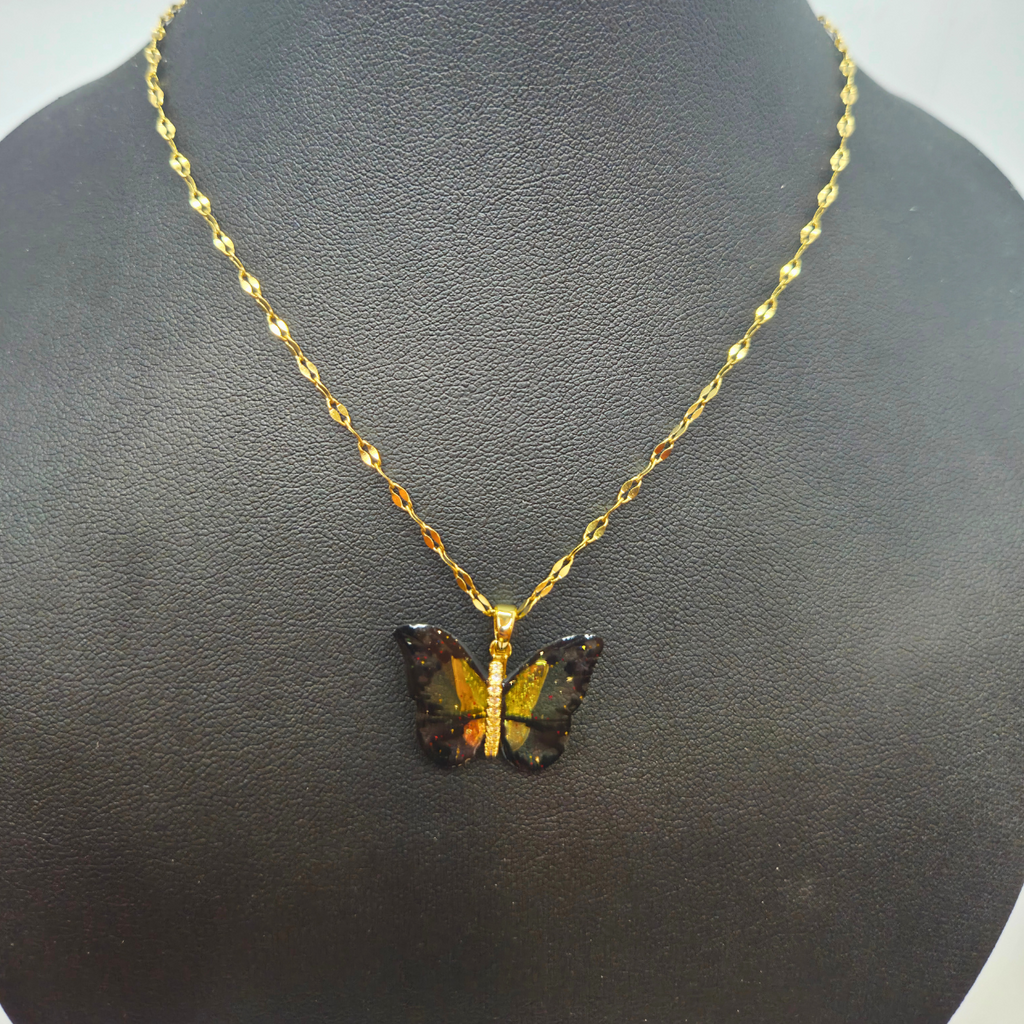 Collier papillon multi-tons en cristal et zircone avec ailes - 100 % acier plaqué or 18 carats