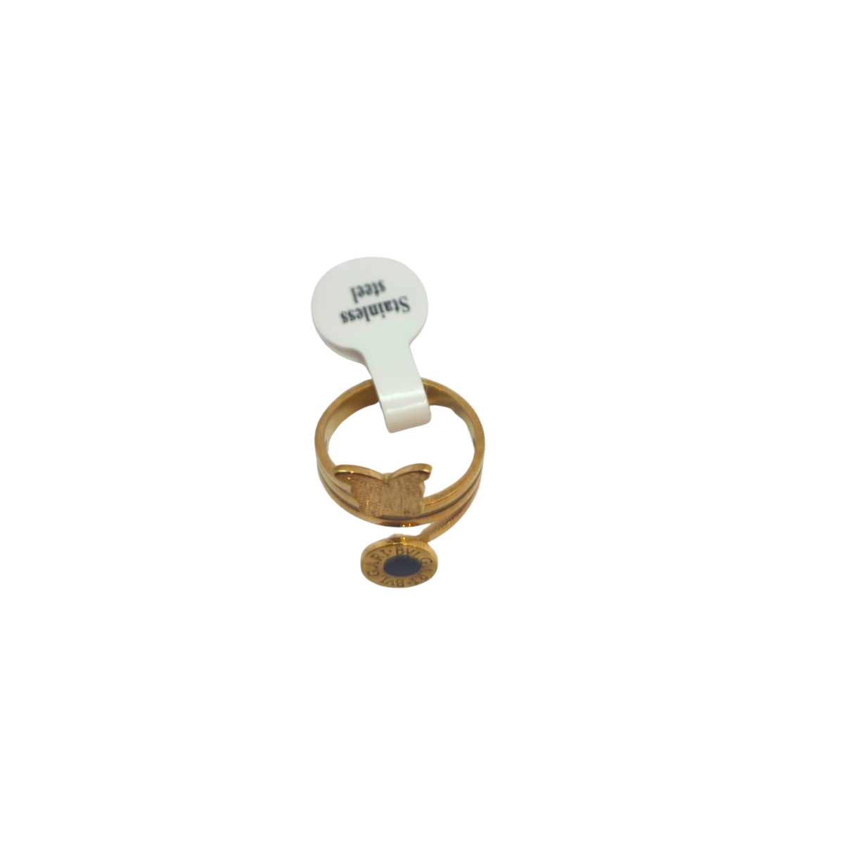 Bague triple design avec papillon et cercle gravés - 100 % acier plaqué or 18 carats