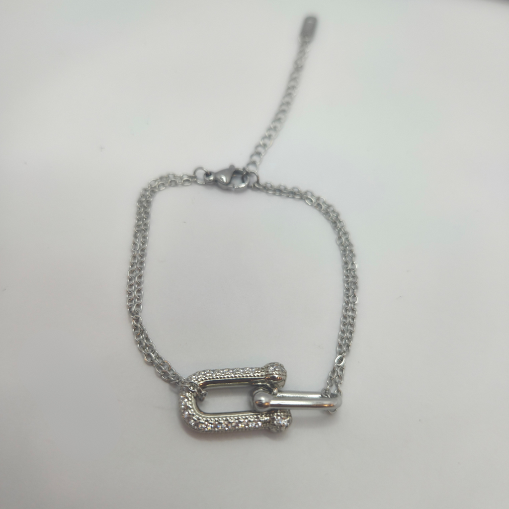 Conjunto de Eslabones Engastados con Circonitas (Collar, Pulsera y Pendientes) - 100% Acero Bañado en Rodio