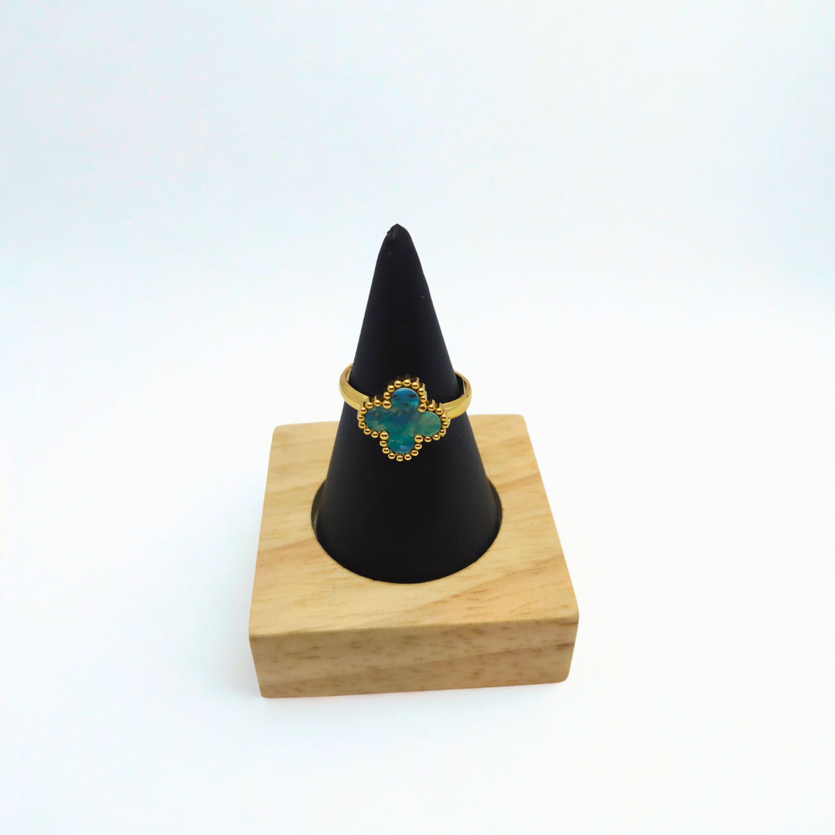 Conjunto Completo de Tréboles Esmaltados Turquesa Jaspeado (Collar, Pendientes, Pulsera y Anillo) - 100% Acero Bañado en Oro 18K
