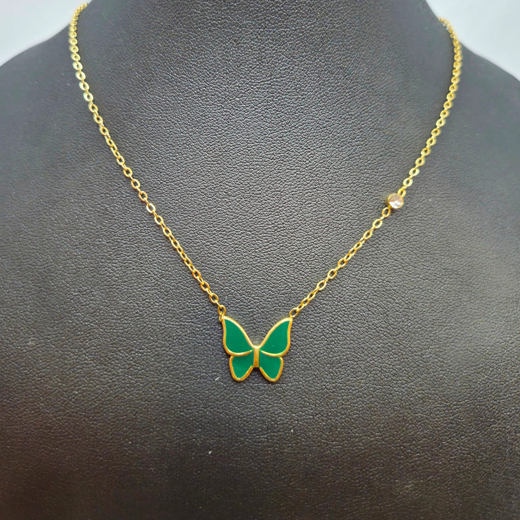 Collier pendentif papillon émaillé vert avec zircone - 100 % acier plaqué or 18 carats