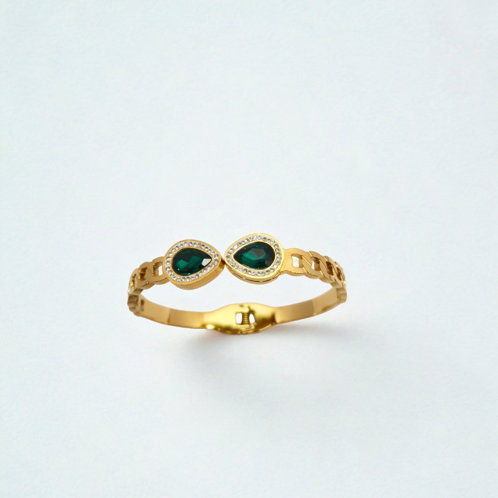 Bracelet rigide avec deux cristaux verts et zircones - 100 % acier plaqué or 18 carats