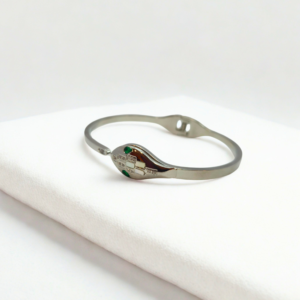 Bracelet rigide motif serpent avec émail et zircone - 100 % acier rhodié