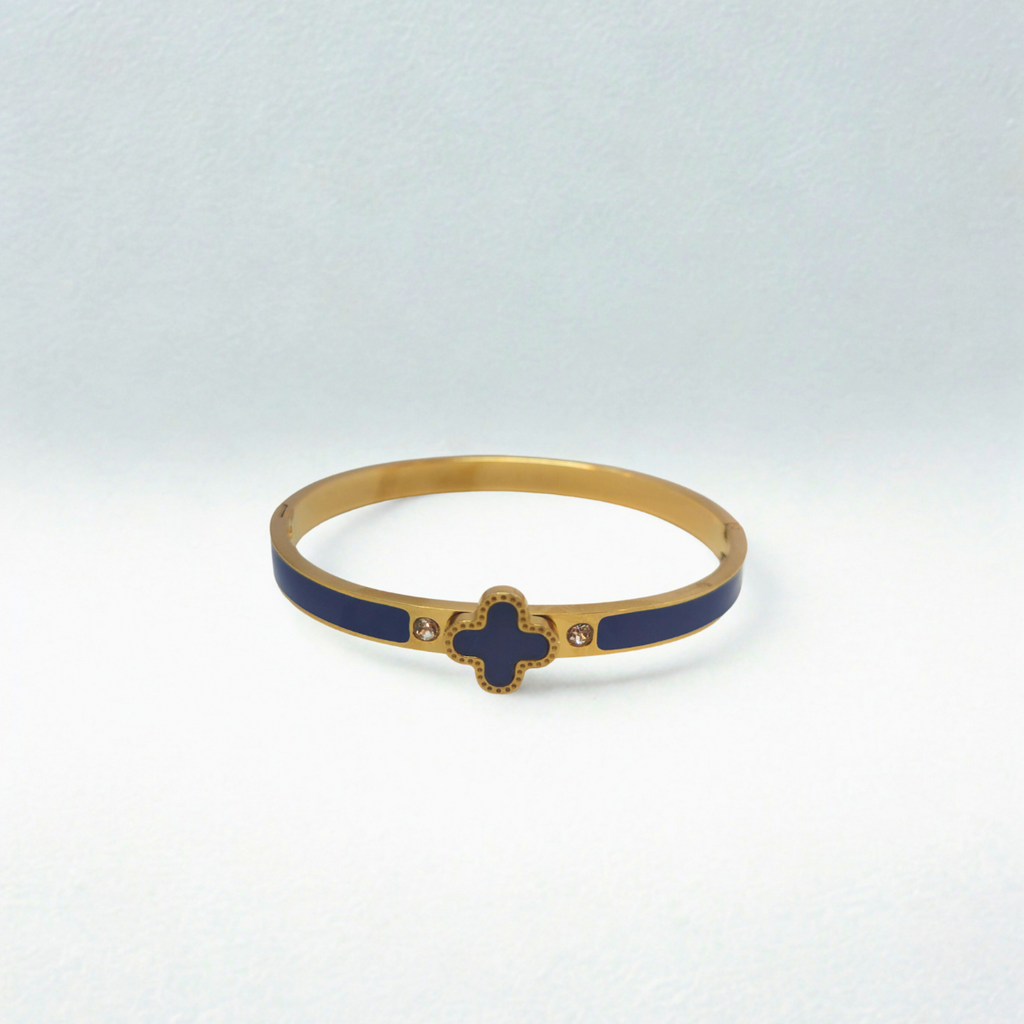Bracelet rigide avec motif trèfle émaillé bleu et zircone - 100 % acier plaqué or 18 carats