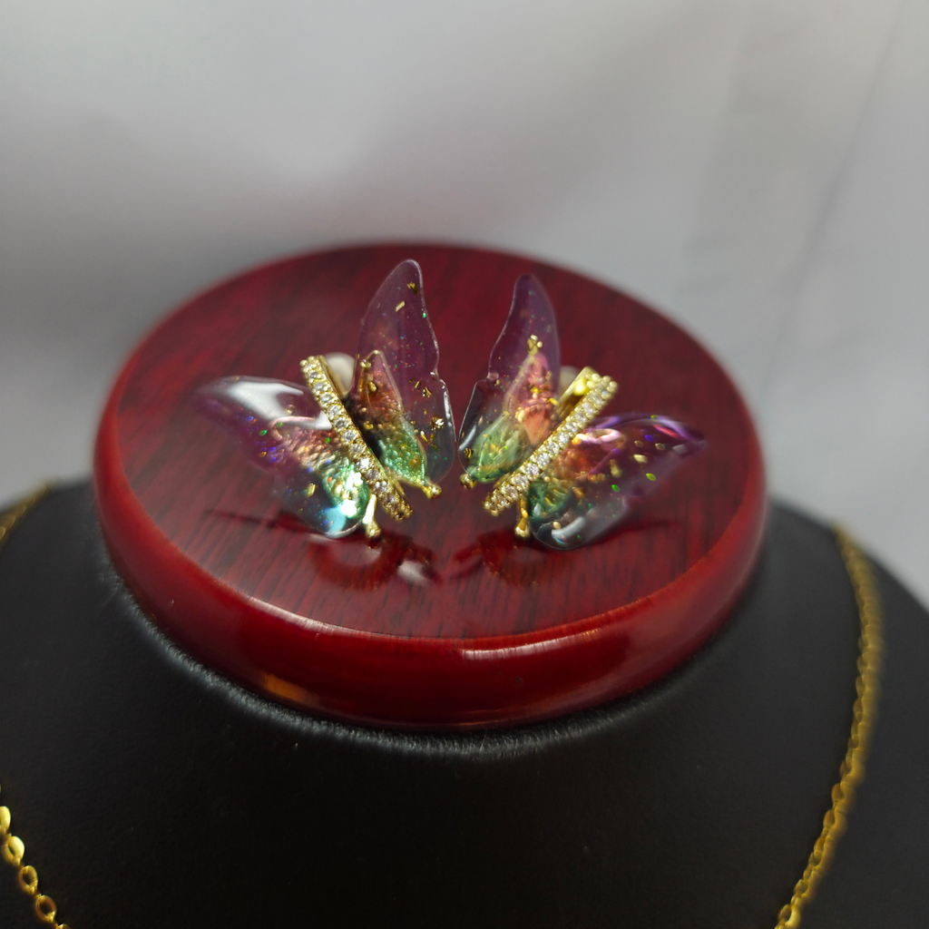 Conjunto Collar y Pendientes de Mariposa con Alas de Cristal Multicolores y Circonitas - 100% Acero Bañado en Oro 18K