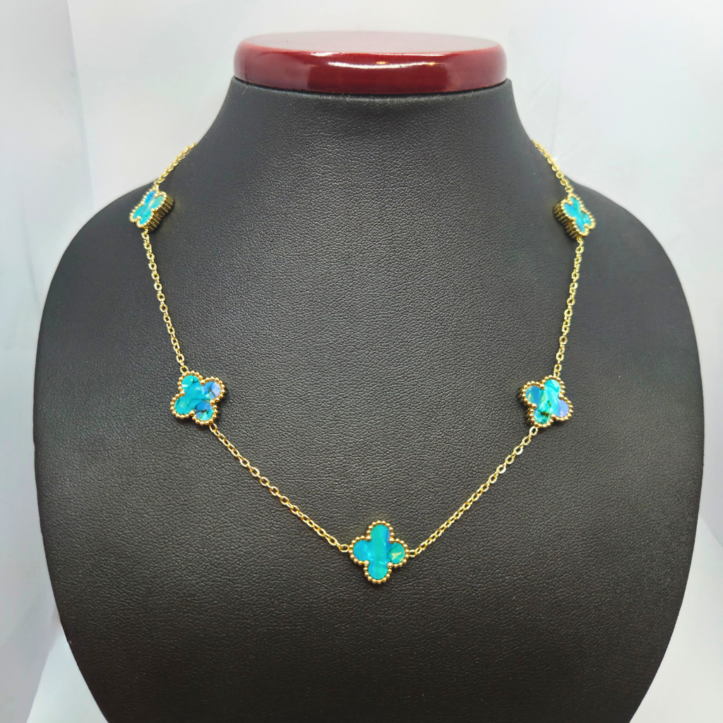 Conjunto Completo de Tréboles Esmaltados Turquesa Jaspeado (Collar, Pendientes, Pulsera y Anillo) - 100% Acero Bañado en Oro 18K